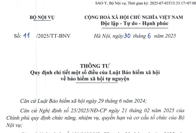 Đã có Thông tư 11/2025/TT-BNV hướng dẫn Luật Bảo hiểm xã hội về bảo hiểm xã hội tự nguyện