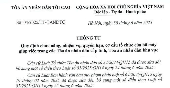 Đã có Thông tư 04/2025/TT-TANDTC về bộ máy giúp việc trong Tòa án nhân dân cấp tỉnh, khu vực