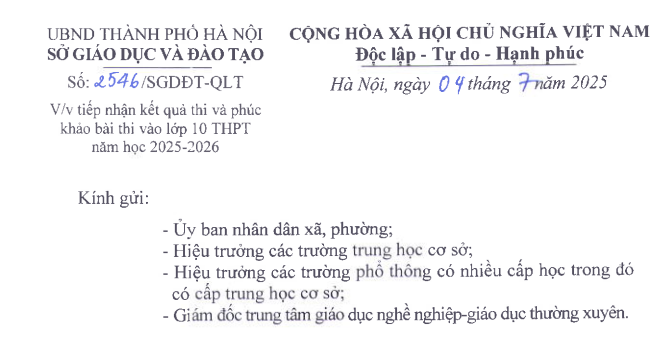 Công văn 2546: Hướng dẫn về kết quả thi và phí khảo bài thi vào lớp 10 THPT năm học 2025-2026 tại Hà Nội