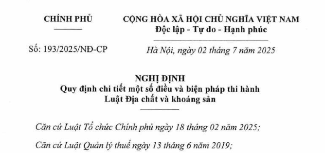 Đã có Nghị định 193/2025/NĐ-CP quy định chi tiết Luật Địa chất và Khoáng sản