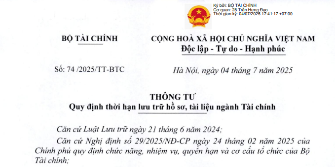 Đã có Thông tư 74/2025/TT-BTС quy định thời hạn lưu trữ hồ sơ, tài liệu ngành Tài chính