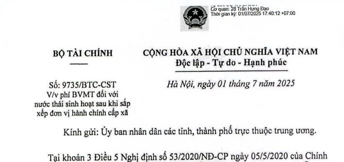 Hướng dẫn phí BVMT đối với nước thải sinh hoạt sau khi sắp xếp đơn vị hành chính cấp xã theo Công văn 9735