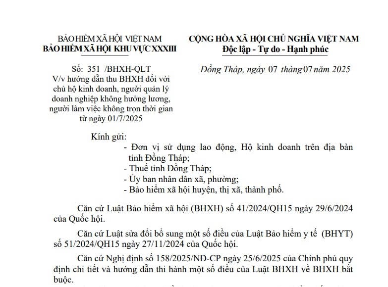 Công văn 351: Hướng dẫn thu BHXH với chủ hộ kinh doanh từ ngày 01/7/2025 của BHXH khu vực XXXIII