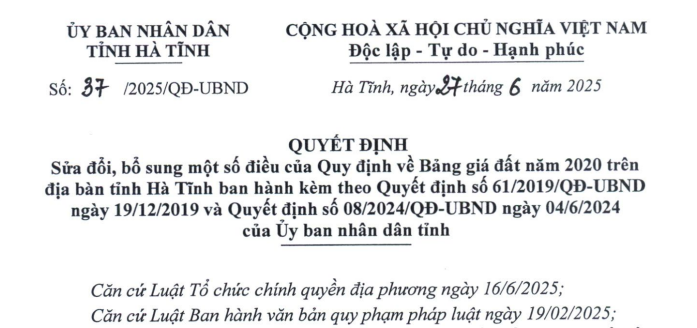 Đã có Bảng giá đất Hà tĩnh sau sáp nhập tỉnh, Cập nhập Bảng giá đất mới Hà tĩnh