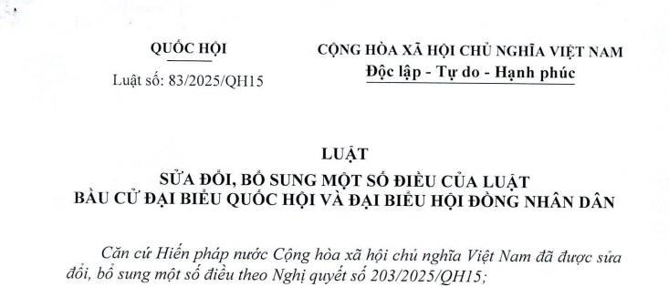 Đã có Luật sửa đổi Luật Bầu cử đại biểu Quốc hội và đại biểu Hội đồng nhân dân 2025 Luật số 83/2025/QH15