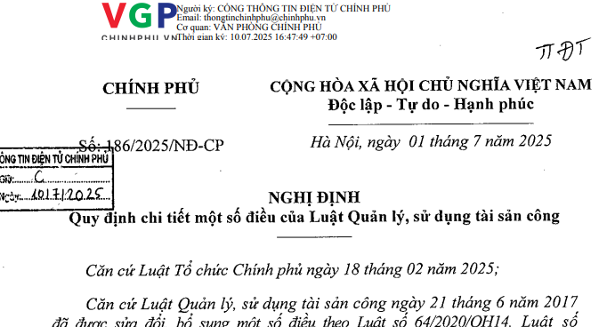 Đã có Nghị định 186/2025/NĐ-CP quy định chi tiết Luật Quản lý sử dụng tài sản công