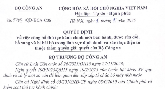 Đã có Quyết định 5709/QĐ-BCA-C06 về thủ tục hành chính mới trong định danh và xác thực điện tử