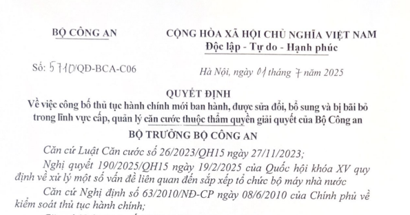 Đã có Quyết định 5710/QĐ-BCA-C06 công bố thủ tục hành chính mới về căn cước