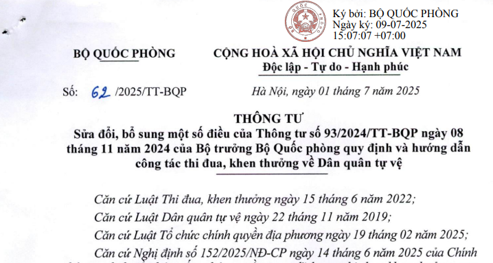 Đã có Thông tư 62/2025/TT-BQP sửa đổi quy định về Dân quân tự vệ trong thi đua khen thưởng