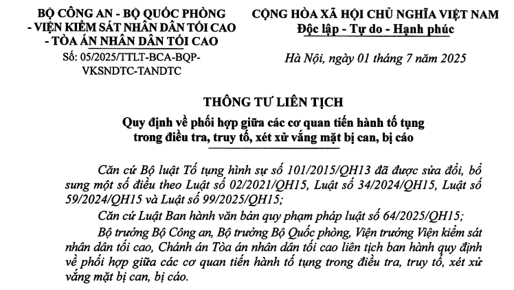 Đã có Thông tư liên tịch 05/2025 về tiến hành tố tụng trong xét xử vắng mặt bị can bị cáo