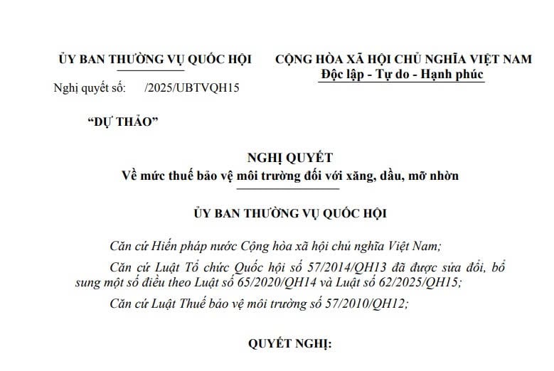 Cập nhật dự thảo Nghị quyết về mức thuế bảo vệ môi trường với xăng dầu mỡ nhờn từ 01/01/2026 đến 31/12/2026