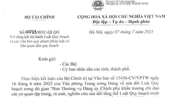 Công văn 10083: Hướng dẫn tổng kết thi hành Luật Quy hoạch và các văn bản có liên quan đến quy hoạch