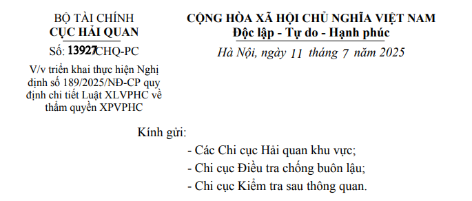 Công văn 13927: Hướng dẫn thực hiện Nghị định 189/2025/NĐ-CP về thẩm quyền xử phạt vi phạm hành chính
