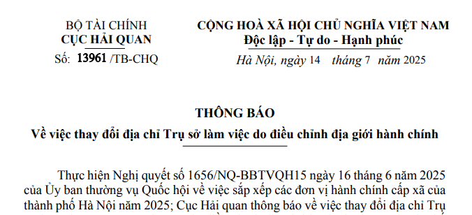 Địa chỉ Trụ sở làm việc mới của Cục Hải quan sau điều chỉnh địa giới hành chính theo Thông báo 13961