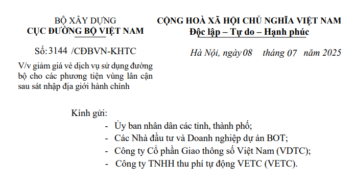 Công văn 3144: Chính sách mới về giá vé dịch vụ sử dụng đường bộ sau sáp nhập địa giới hành chính