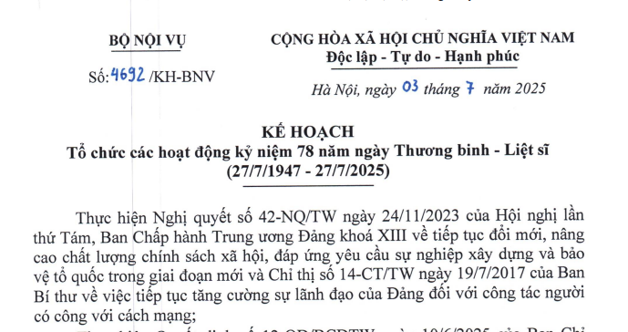 Kế hoạch 4692: Hướng dẫn của Bộ Nội vụ về tổ chức Kỷ niệm 78 năm Ngày Thương binh – Liệt sĩ