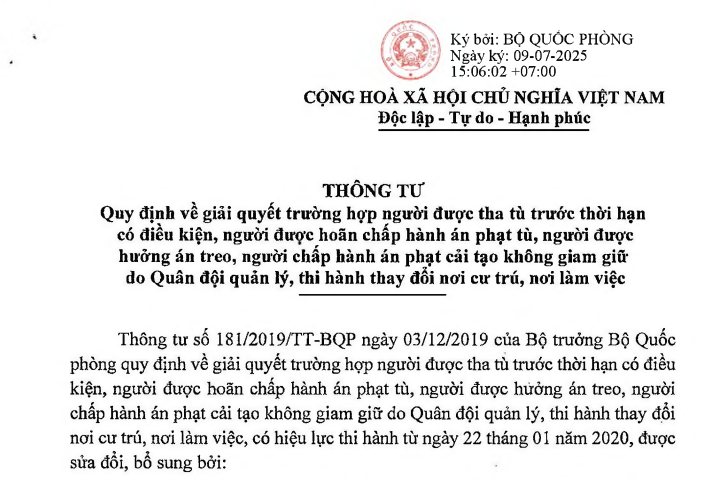 Đã có VBHN về tha tù hoãn tù án treo do Quân đội quản lý, thi hành thay đổi nơi cư trú, làm việc
