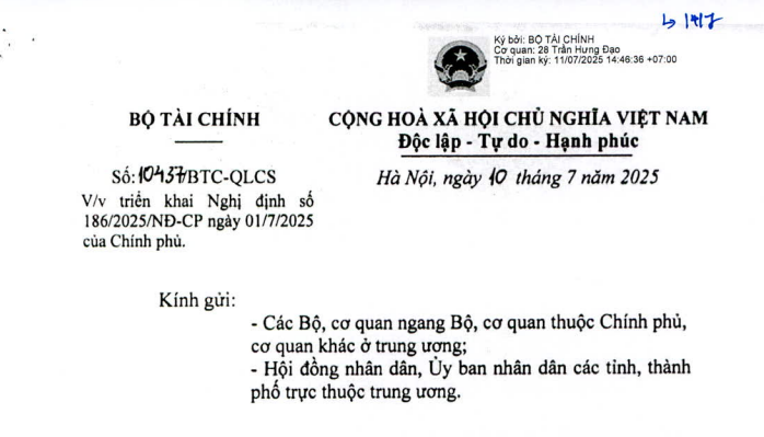 Đã có Công văn 10437/BTC-QLCS hướng dẫn Nghị định 186/2025 về quản lý sử dụng tài sản công