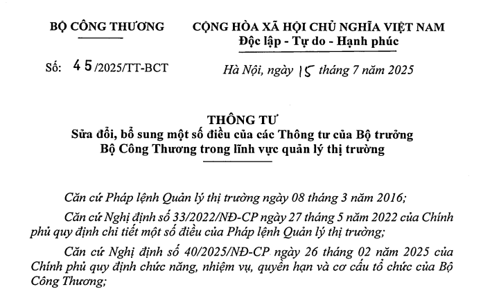 Đã có Thông tư 45/2025/TT-BCT sửa đổi nhiều Thông tư về quản lý thị trường