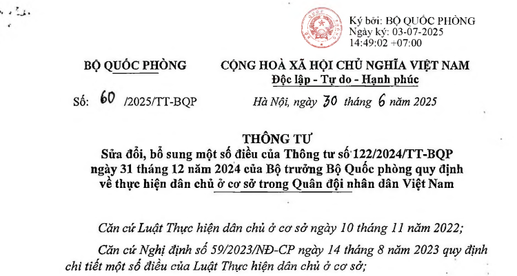 Đã có Thông tư 60/2025/TT-BQP sửa đổi Thông tư 122/2024 về thực hiện dân chủ trong Quân đội