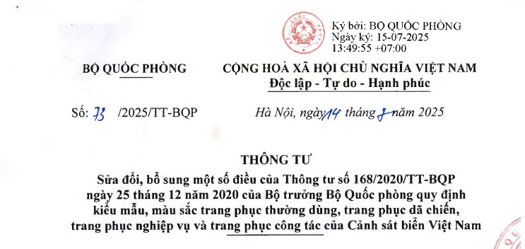 Đã có Thông tư 73/2025/TT-BQP sửa đổi Thông tư 168/2020 về trang phục của Cảnh sát biển Việt Nam