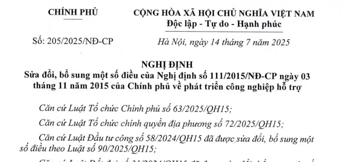 Đã có Nghị định 205/2025/NĐ-CP sửa đổi chính sách hỗ trợ phát triển công nghiệp hỗ trợ