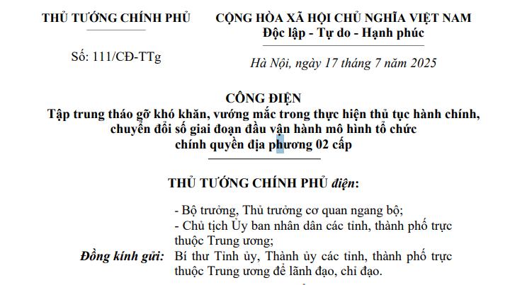 Đã có Công điện 111/CĐ-TTg hướng dẫn vận hành mô hình tổ chức chính quyền địa phương 02 cấp