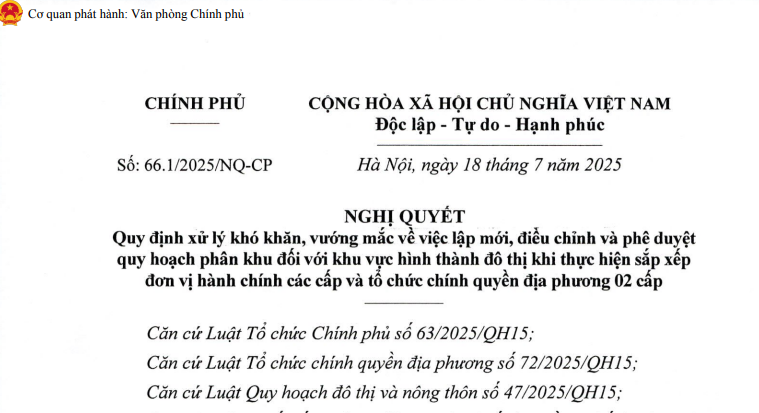 Đã có Nghị quyết 66.1/2025/NQ-CP về khu vực hình thành đô thị khi sắp xếp đơn vị hành chính các cấp