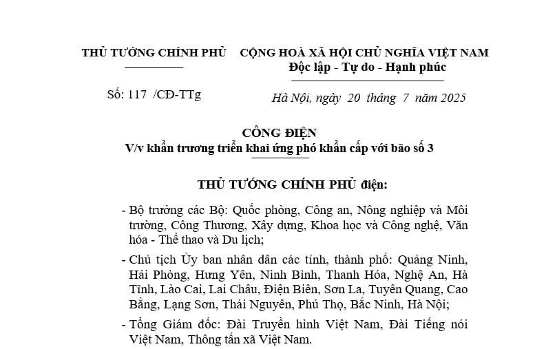 Công điện 117/CĐ-TTg: Khẩn trương ứng phó khẩn cấp với bão số 3 (Wipha)