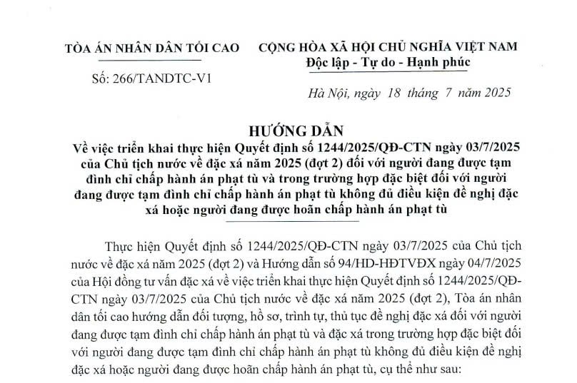 Hướng dẫn 266/TANDTC-V1: Triển khai thực hiện đặc xá năm 2025 (đợt 2)