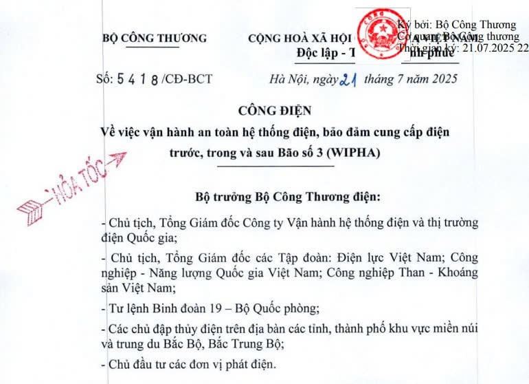 Công điện 5418/CĐ-BCT: Bảo đảm cung cấp điện trước trong và sau Bão số 3 (Wipha)