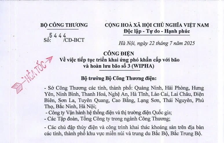 Công điện 5444/CĐ-BCT: Tiếp tục triển khai ứng phó khẩn cấp với bão và hoàn lưu bão số 3 (WIPHA)