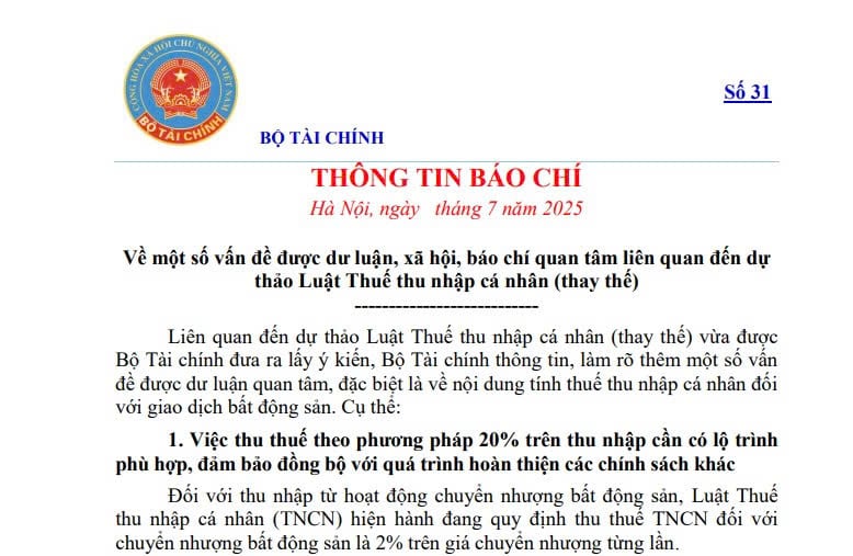 Bộ Tài chính thông tin đề xuất áp thuế TNCN 20% trên thu nhập chuyển nhượng bất động sản