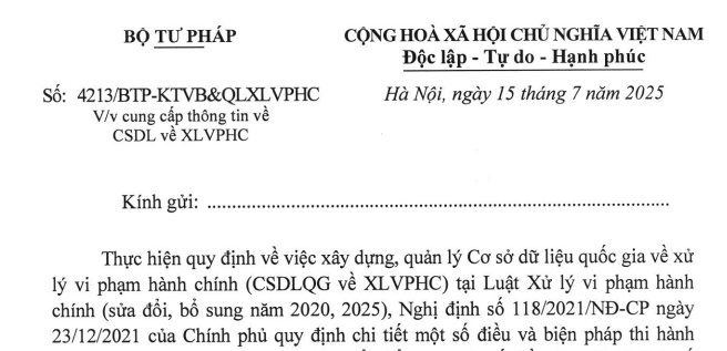 Chỉ đạo của Bộ Tư pháp về cung cấp thông tin cơ sở dữ liệu về xử lý vi phạm hành chính (Công văn 4213)