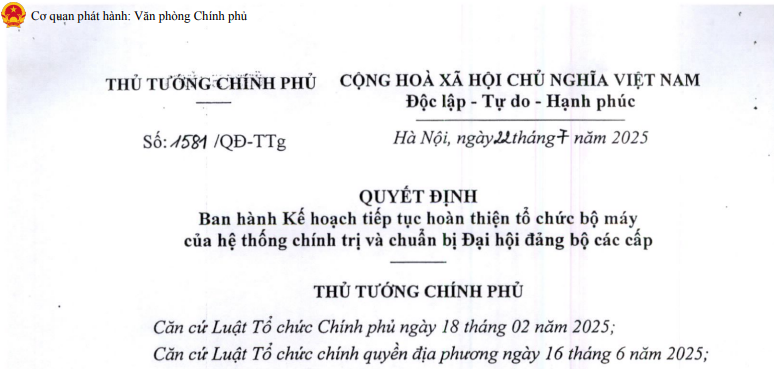 Đã có Quyết định 1581/QĐ-TTg Kế hoạch tiếp tục hoàn thiện tổ chức bộ máy của hệ thống chính trị