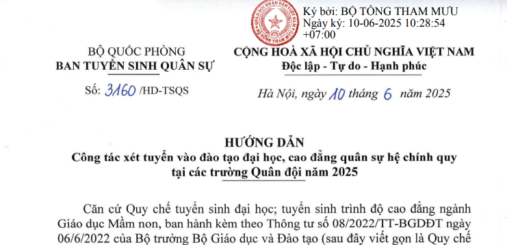 Đã có Hướng dẫn 3160/HD-TSQS về tuyển sinh đại học, cao đẳng quân sự hệ chính quy năm 2025