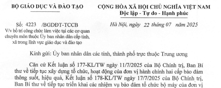 Hướng dẫn bổ trí công chức tại cơ quan chuyên môn thuộc UBND các cấp (Công văn 4223/BGDĐT-TCCB)