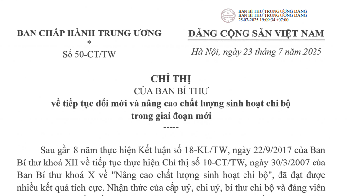 Đã có Chỉ thị 50-CT/TW về đổi mới và nâng cao chất lượng sinh hoạt chi bộ trong giai đoạn mới
