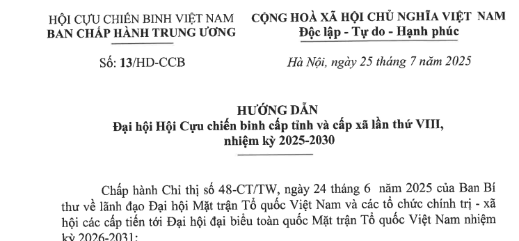 Đã có Hướng dẫn 13/HD-CCB về Đại hội Cựu chiến binh cấp tỉnh, cấp xã lần thứ VIII nhiệm kỳ 2025 2030