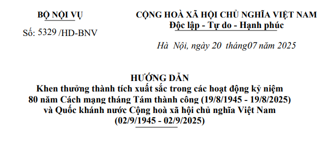 Hướng dẫn khen thưởng thành tích xuất sắc trong các hoạt động kỷ niệm theo Hướng dẫn 5329/HD-BNV