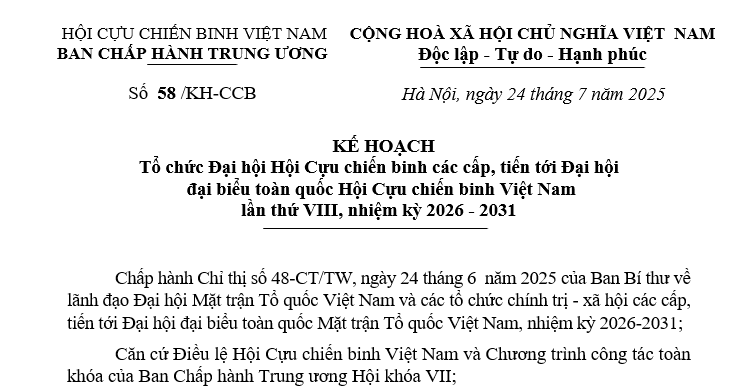 Đã có Kế hoạch 58/KH-CCB tổ chức Đại hội Hội Cựu chiến binh các cấp nhiệm kỳ 2026 - 2031