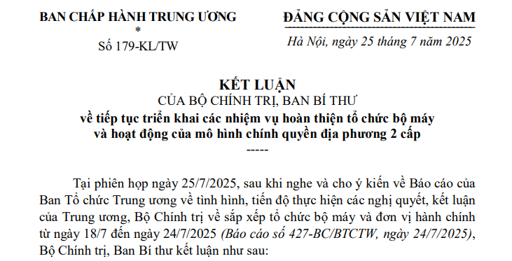 Đã có Kết luận 179-KL/TW tiếp tục triển khai các nhiệm vụ để hoàn thiện mô hình chính quyền địa phương 2 cấp