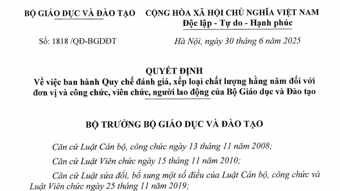 Đã có Quyết định 1818/QĐ-BGDĐT Quy chế đánh giá xếp loại giáo viên