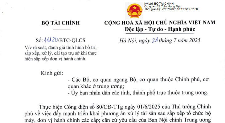 Công văn 11120: Hướng dẫn bổ sung về bố trí sắp xếp cải tạo trụ sở khi sắp xếp đơn vị hành chính