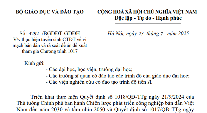 Công văn 4292: Bộ GD&ĐT hướng dẫn tuyển sinh chương trình đào tạo về vi mạch bán dẫn