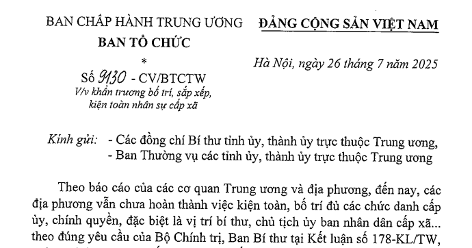 Đã có Công văn 9130-CV/BTCTW về khẩn trương bố trí kiện toàn nhân sự cấp xã