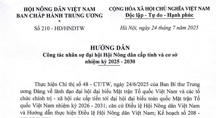 Đã có Hướng dẫn 210-HD/HNDTW về công tác nhân sự đại hội Hội Nông dân các cấp nhiệm kỳ 2025 - 2030