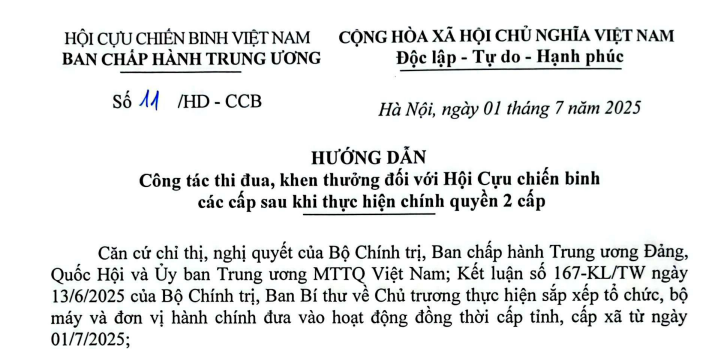 Đã có Hướng dẫn 11/HD-CCB Công tác thi đua khen thưởng đối với Hội Cựu chiến binh theo chính quyền 2 cấp