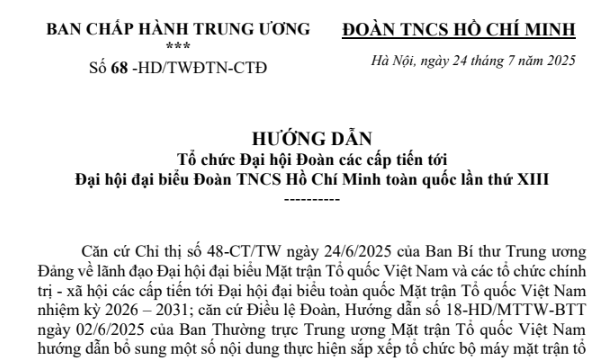 Đã có Hướng dẫn 68-HD/TWĐTN-CTĐ Tổ chức Đại hội Đoàn các cấp tiến tới Đại hội đại biểu Đoàn TNCS HCM toàn quốc