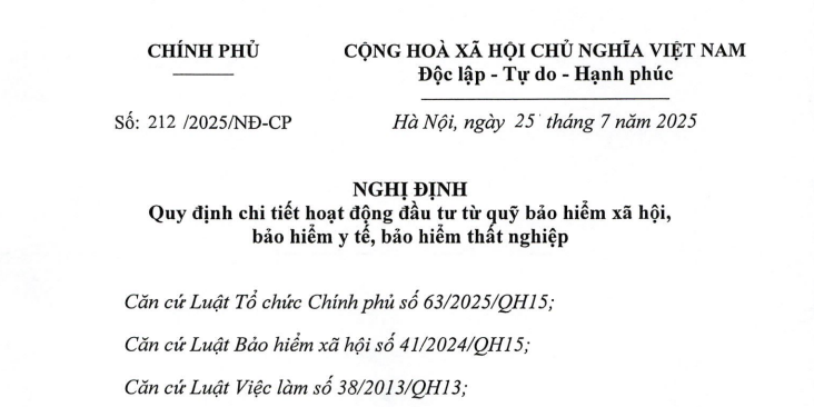 Đã có Nghị định 212/2025/NĐ-CP về đầu tư từ quỹ bảo hiểm xã hội, bảo hiểm y tế, bảo hiểm thất nghiệp